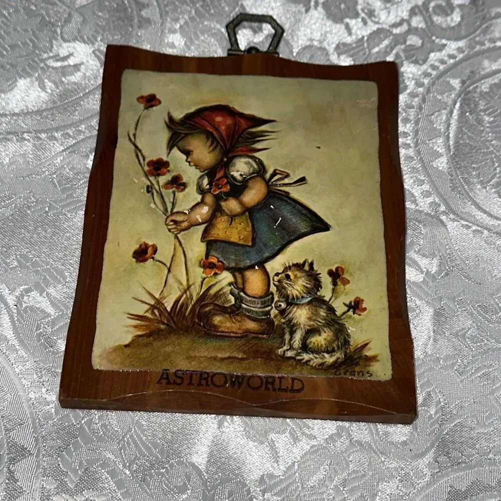 Vintage Evans Wooden Wall Hanging - Girl & Kitten